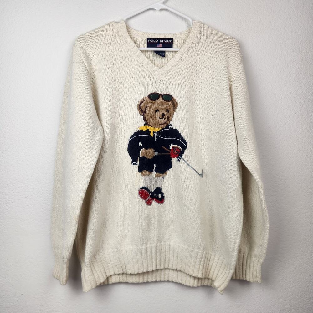 Vintage Ralph Lauren Polo Sport Bear Golf Sweater Cream Large Women Crewneck